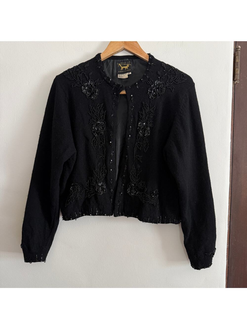 I DID IT | Vintage Black Lambswool / Angora Beaded Lined Cardigan | Medium